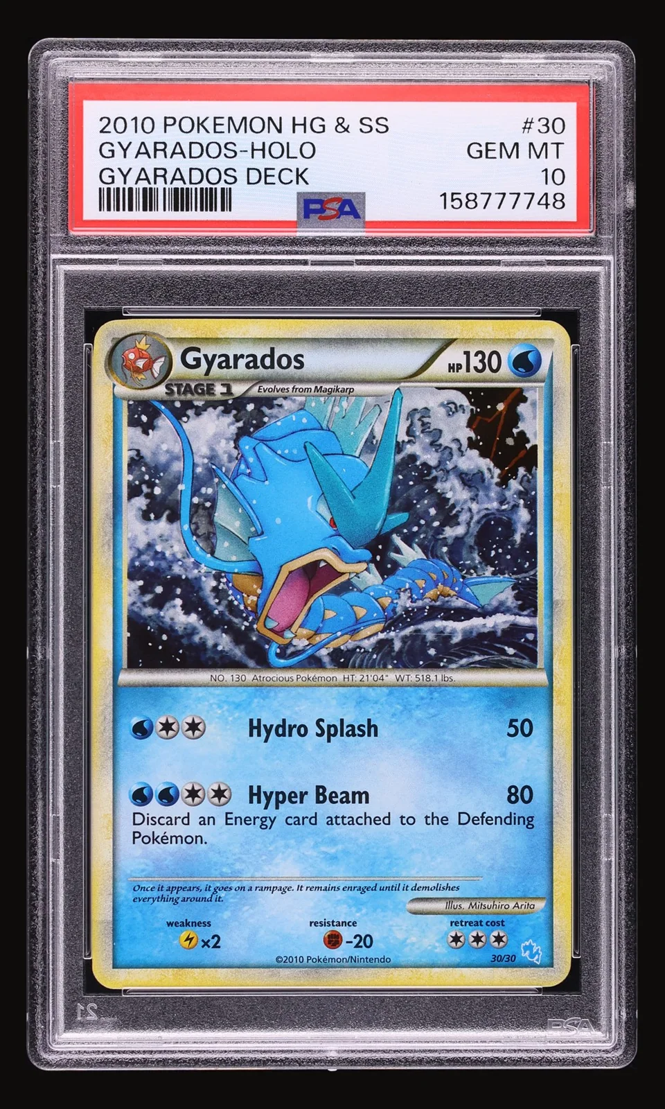2010 Pokemon HeartGold & SoulSilver Deck Holo Gyarados #30 PSA 10 GEM MINT, front of the graded slab