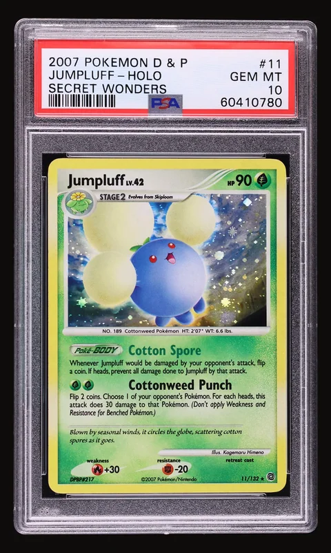 2007 Pokemon Diamond & Pearl Secret Wonders Holo Jumpluff #11 PSA 10 GEM MINT, front of the graded slab
