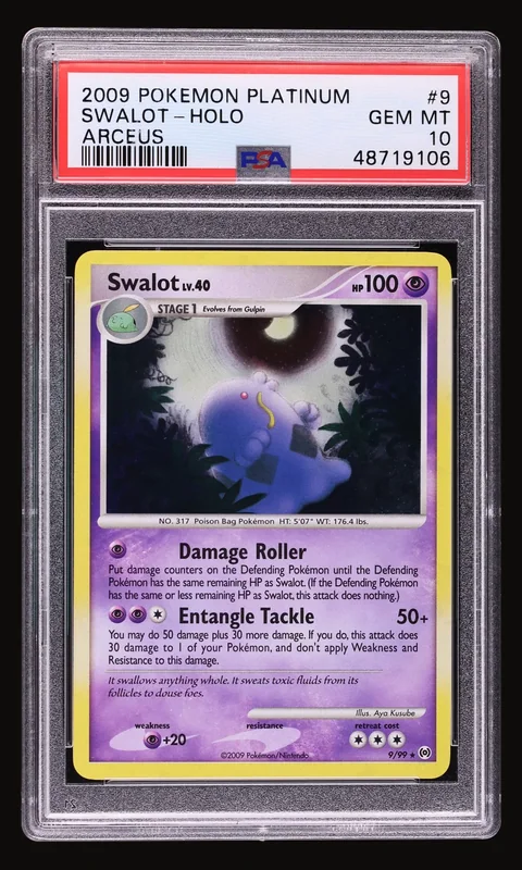 2009 Pokemon Platinum Arceus Holo Swalot #9 PSA 10 GEM MINT, front of the graded slab