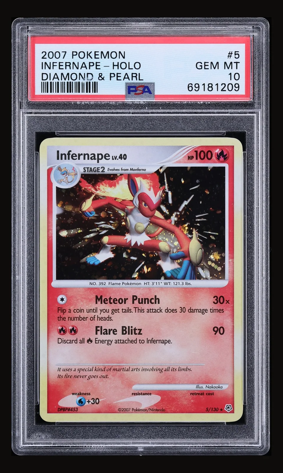 2007 Pokemon Diamond & Pearl Holo Infernape #5 PSA 10 GEM MINT, front of the graded slab