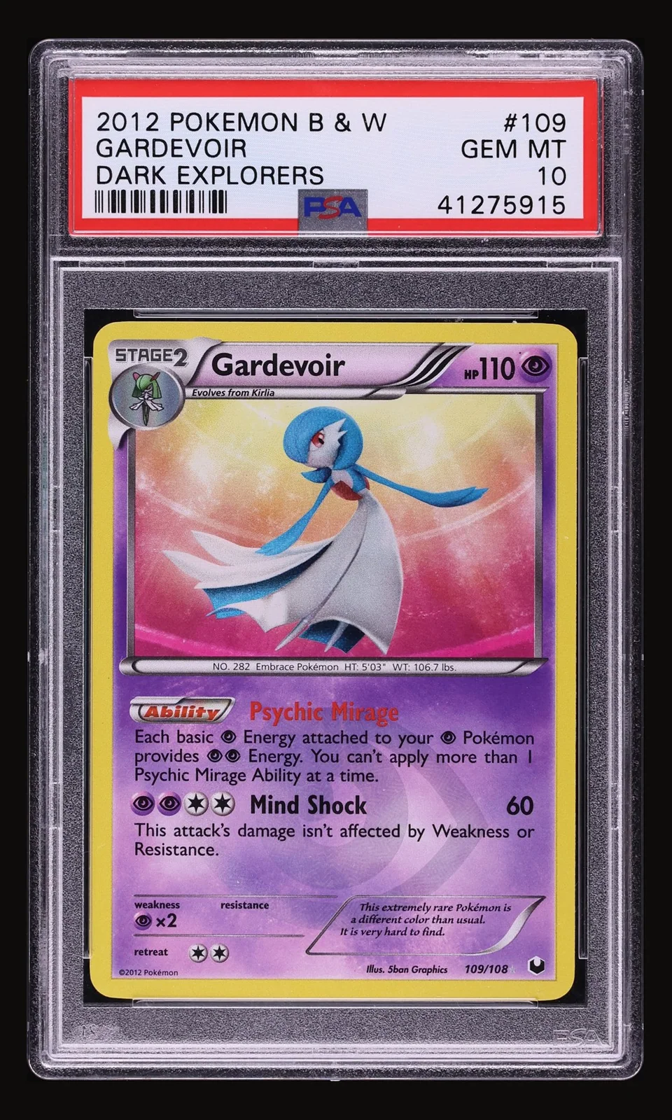 2012 Pokemon Black & White Dark Explorers Gardevoir #109 PSA 10 GEM MINT, front of the graded slab