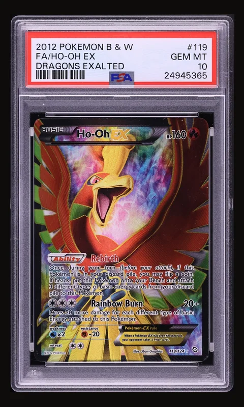 2012 Pokemon Black & White Dragons Exalted Full Art Ho-Oh EX #119 PSA 10 GEM MINT, front of the graded slab
