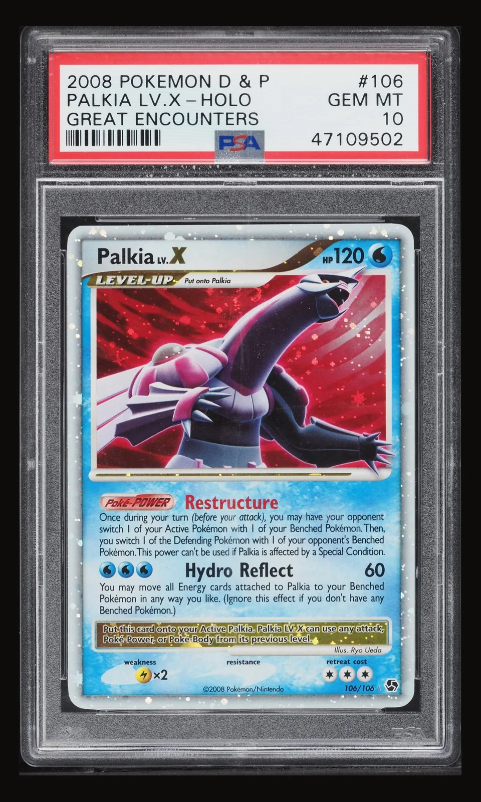 2008 Pokemon Diamond & Pearl Great Encounters Holo Palkia LV.X #106 PSA 10 GEM, front of the graded slab