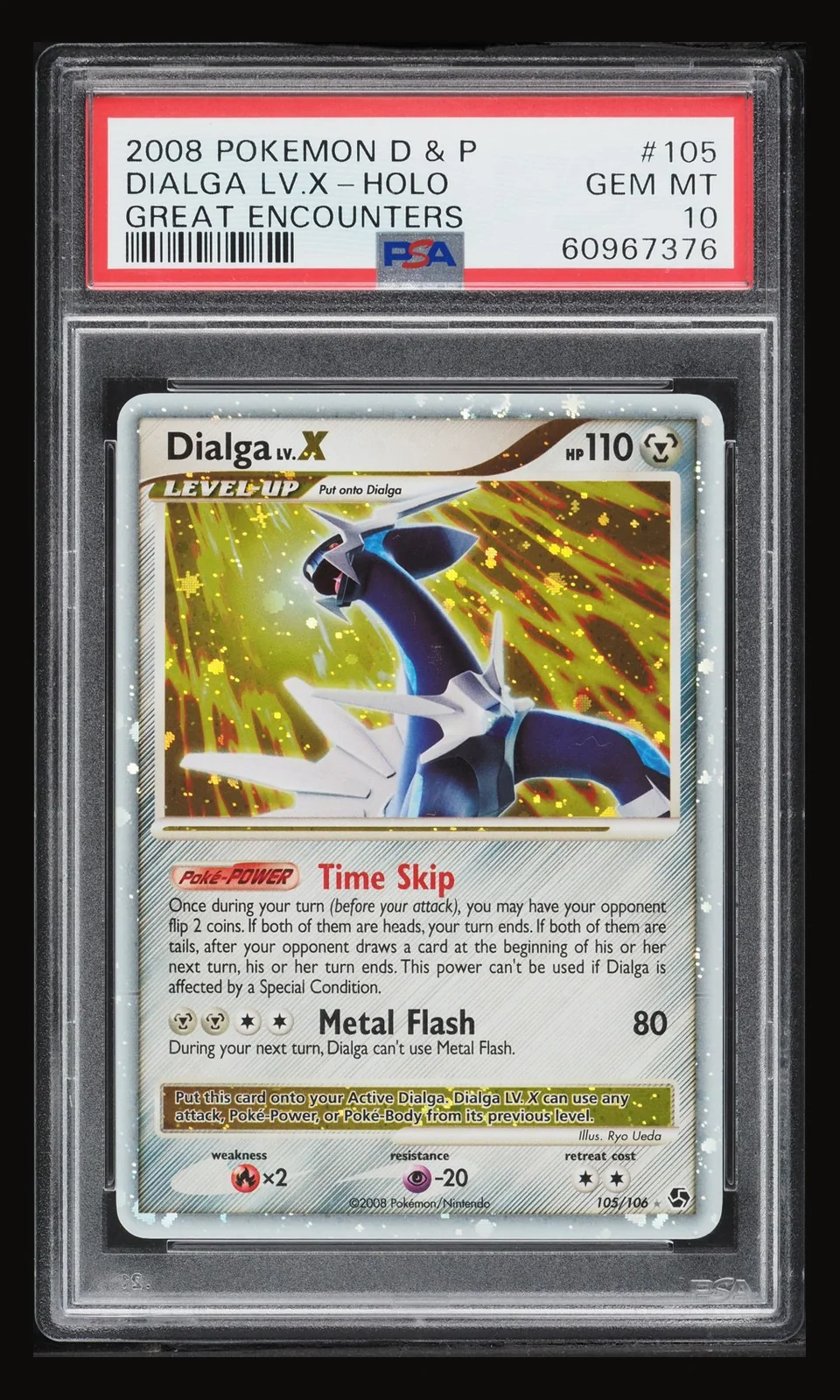 2008 Pokemon Diamond & Pearl Great Encounters Holo Dialga LV.X #105 PSA 10 GEM MINT, front of the graded slab