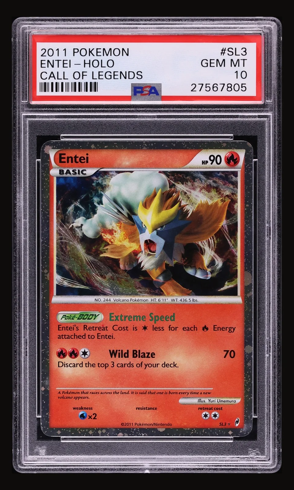 2011 Pokemon Call Of Legends Holo Entei #SL3 PSA 10 GEM MINT, front of the graded slab