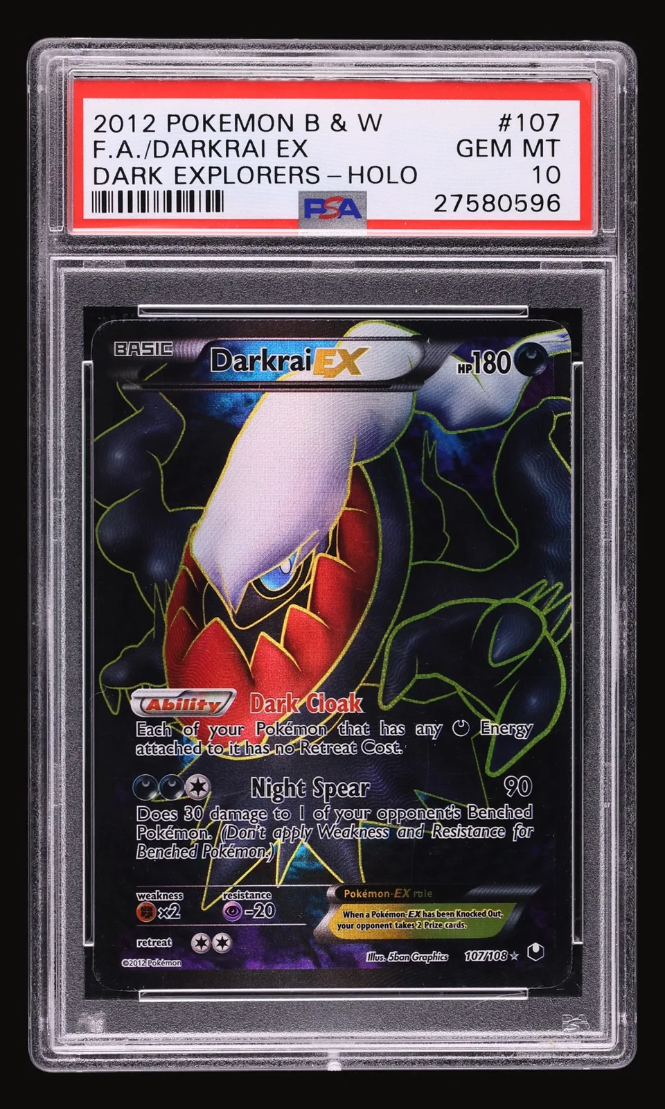 2012 Pokemon Black & White Dark Explorers Full Art Darkrai EX #107 PSA 10 GEM MINT, front of the graded slab